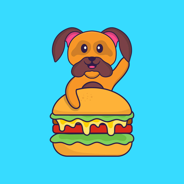 Netter Hund, der Burger isst. Animal Cartoon Konzept isoliert. Kann für T-Shirt, Grußkarte, Einladungskarte oder Maskottchen verwendet werden. - Vektor, Bild