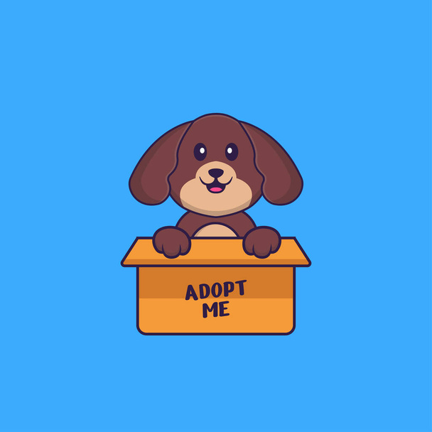 Netter Hund im Karton mit einem Plakat Adoptiere mich. Animal Cartoon Konzept isoliert. Kann für T-Shirt, Grußkarte, Einladungskarte oder Maskottchen verwendet werden. - Vektor, Bild