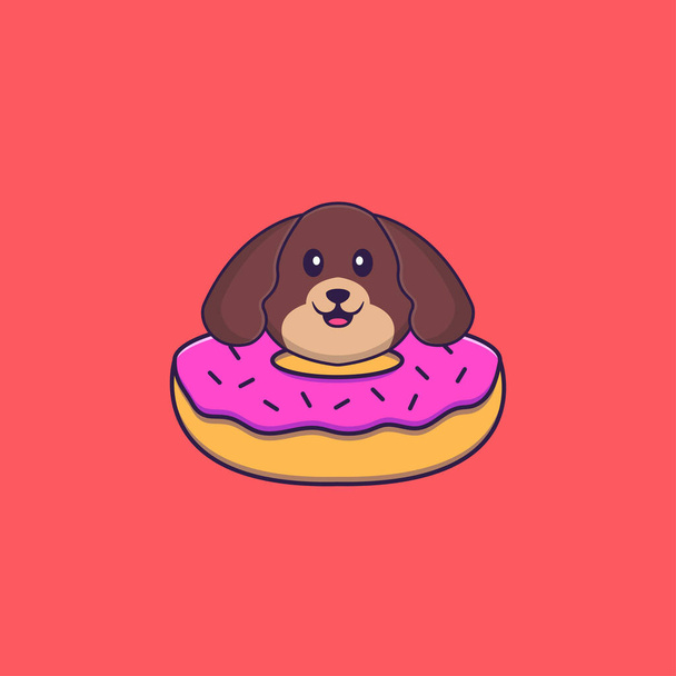 Χαριτωμένο σκυλί με ένα ντόνατ στο λαιμό του. Έννοια κινουμένων σχεδίων ζώων απομονώθηκε. Μπορεί να χρησιμοποιηθεί για t-shirt, ευχετήρια κάρτα, κάρτα πρόσκληση ή μασκότ. - Διάνυσμα, εικόνα
