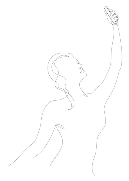 Silhouettes of a lady, she takes a selfie in a modern single line style. Solid line, aesthetic outline for home decor, posters, stickers, logo. Vector illustration. - Photo, Image