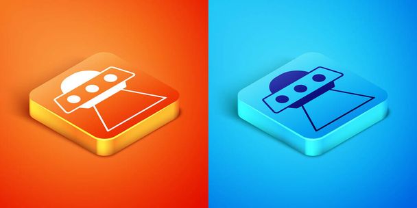 Isometric UFO flying spaceship icon isolated on orange and blue background. Flying saucer. Alien space ship. Futuristic unknown flying object. Vector - Vector, Image