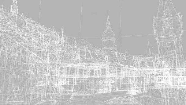 Ilustração 3d - Modelo de armação de arame da cidade velha - 3D Rendering. - Foto, Imagem