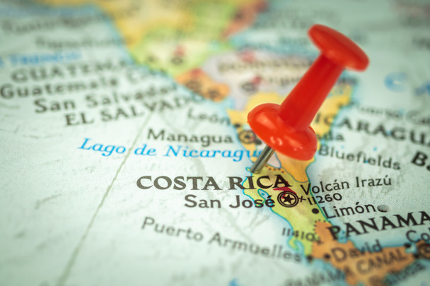 Location Costa Rica, red push pin on the travel map, marker and point closeup, tourism and trip concept, North America  - Foto, afbeelding