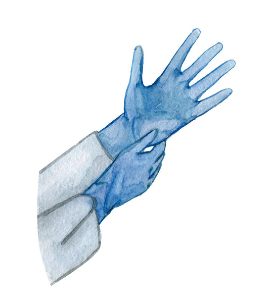 Luvas médicas sobre mãos desenhadas à mão aquarela clip arte isolado no fundo branco - Foto, Imagem
