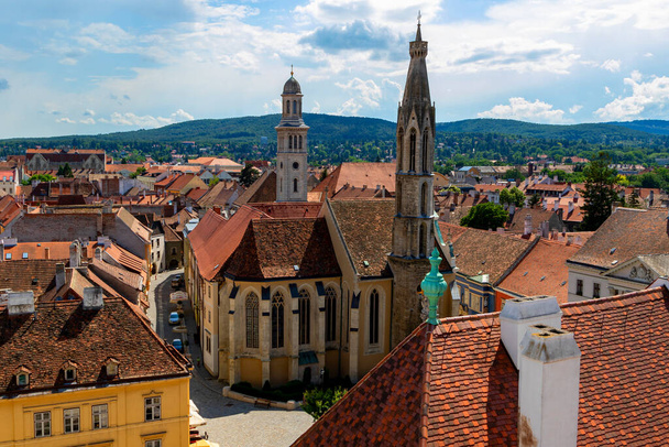 Sopron Hungary Jun 2 2018: Red roofs of the old town of Sopron seen from the Fire watch tower. Hungary. Sopron skyline. - Zdjęcie, obraz