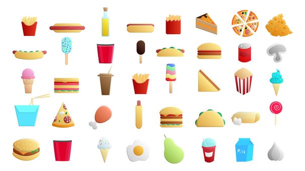 Conjunto de 45 iconos de deliciosa comida y aperitivos para un restaurante bar cafetería sobre un fondo blanco: comida rápida, carne de engaño, hamburguesa, pizza, hot dog, sándwich, frutas, verduras. - Vector, Imagen