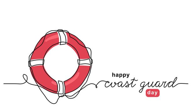 Red lifebuoy one line art illustration. Coast Guard Day vector background, banner, poster with lettering coast guard - Vector, Image