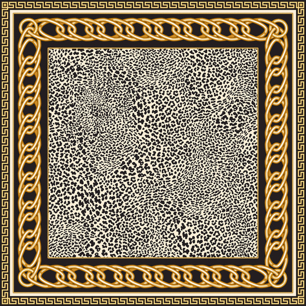 Vektorový koberec otisk na béžovém leopardím pozadí. Módní zlaté klasické řecké meandrové okraje, barokní fantazie s dvojitým řetězem. Šátek, šátek, koberec - Vektor, obrázek