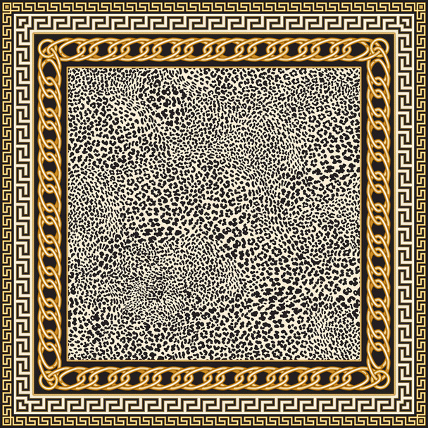 Impresión de alfombra vectorial sobre un fondo de patrón de piel de leopardo beige. De moda oro clásico griego meandro bordes, marco de doble cadena de fantasía barroca. Bufanda, chal, alfombra - Vector, imagen