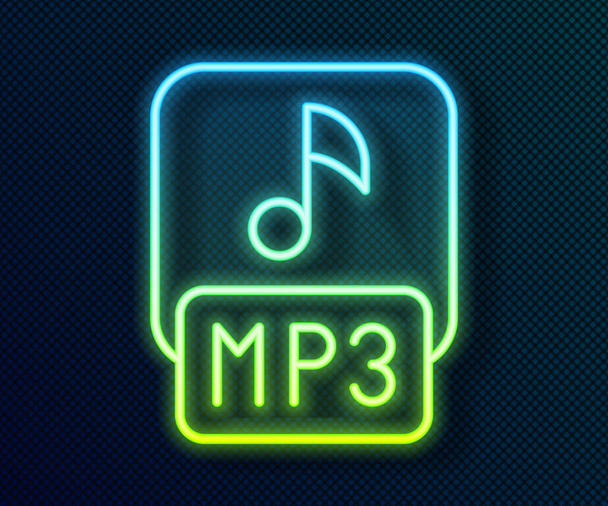 Leuchtende Leuchtschrift MP3-Datei Dokument. Download mp3-Taste Symbol isoliert auf schwarzem Hintergrund. Mp3 Musikformat Zeichen. MP3-Datei Symbol. Vektor - Vektor, Bild