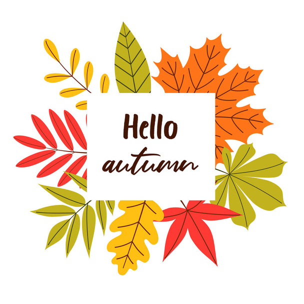 Vektor-Herbstbanner mit leuchtenden Blättern und der Aufschrift hallo Herbst auf weißem, isoliertem Hintergrund. Flachbild-Illustration. - Vektor, Bild