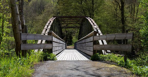Old rustic arched wooden bridge crossing a river - Photo, Image