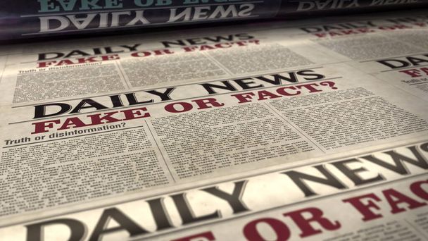 Fake on fact news, disinformation and information. Newspaper print. Vintage press abstract concept. Retro 3d rendering illustration. - Photo, Image