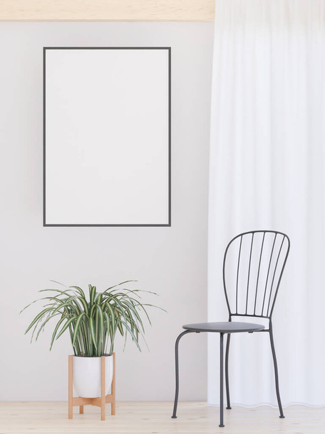 Σαλόνι στο φόντο λευκό τοίχο, δέντρο, minimal στυλ, πλαίσιο μορφή mock up - 3D απόδοση - - Φωτογραφία, εικόνα