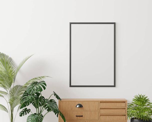 Room and the white wall background, wooden cabinet and tree , minimal style ,frame form mock up - 3D rendering - - Fotó, kép