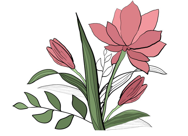 Hand drawn flower, buds, green leafs bouquet - Vector, imagen