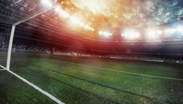 Ποδόσφαιρο γήπεδο με τις κερκίδες γεμάτο οπαδούς περιμένουν για το παιχνίδι, χωρίς παίκτες. 3D απόδοση - Φωτογραφία, εικόνα