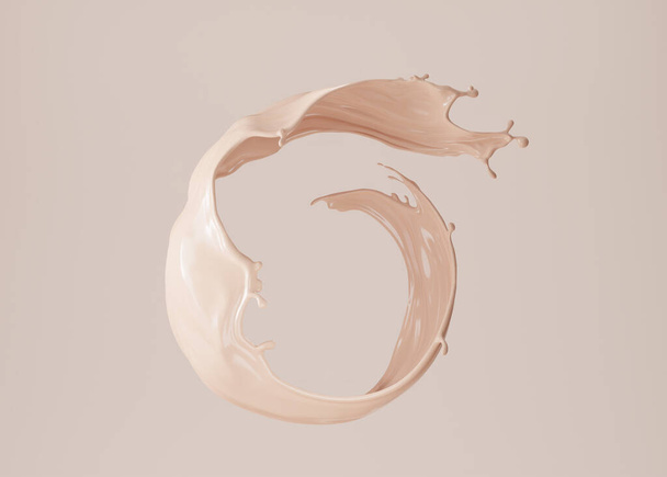 3D beige display with liquid round foundation splash swirl on studio background. Nude makeup cream fluid flow podium showcase for beauty product, cosmetics promotion. Minimal Abstract 3D render mockup - Photo, Image