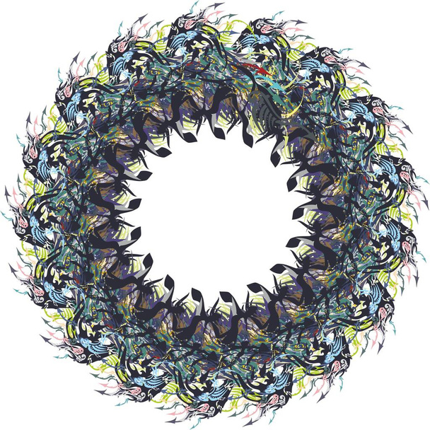 Unusual wreath created by running horses colorful splashes on white. Wreath or frame in dark tones with arrow elements for greeting cards, textiles, backgrounds and textures, etc. - Vector, Image