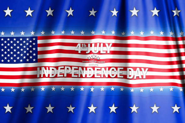 4th of July. Independence Day text sign over american flag surrounded by stars 3D illustration - 写真・画像