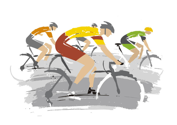 Конкуренты по велоспорту. Экспрессивная иллюстрация, группа велосипедистов на белом фоне.. - Вектор,изображение