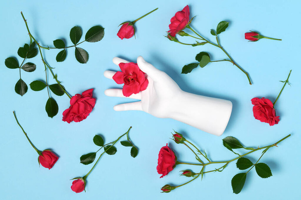 Gypsum hand with roses on blue background - Zdjęcie, obraz