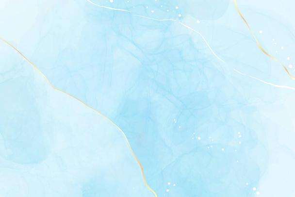 Türkis-blauer flüssiger Aquarell-Hintergrund mit goldenen Glitzerlinien. Pastellfarbene Cyan-Marmor-Tinte mit Zeichnungseffekt mit Rissen in Goldfolie. Vektor-Illustration abstrakter Fluidkunst - Vektor, Bild