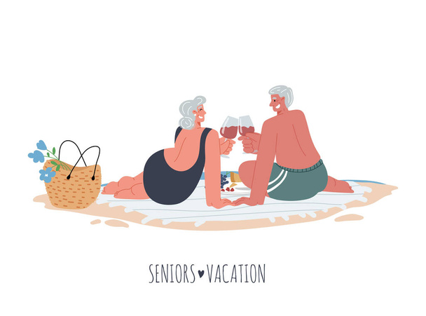 年配の女性と男性がビーチブランケット飲料ワインで海辺のピクニックを作ります。ベクトルフラットイラスト. - ベクター画像