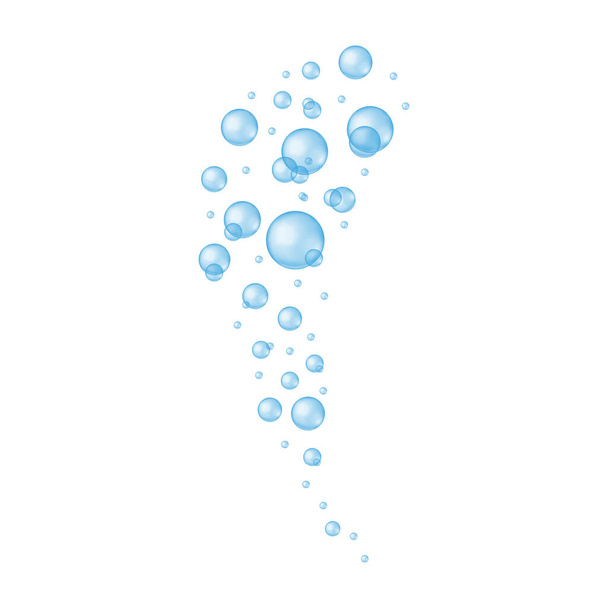 Burbujas azules transparentes aisladas sobre fondo blanco. Jabón o espuma limpiadora, acuario o corriente de oxígeno del mar, baño sud, efecto de agua gaseosa gaseosa. Ilustración realista vectorial - Vector, imagen