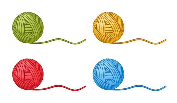Strickgarn-Icon-Set. Rundknäuel aus Wolle oder Baumwollgarn für Handarbeit, Stricknadeln, Nähhobby. Material Strickbekleidung. Blaues, rotes, gelbes und grünes Clew-Filament. Cartoon-Vektorzeichnung - Vektor, Bild