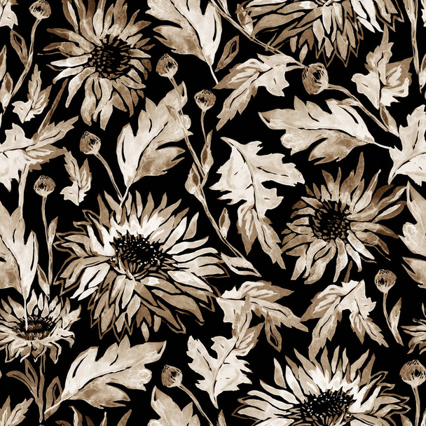 Chrysanthemum flowers in earth colors natures calm seamless pattern. - 写真・画像