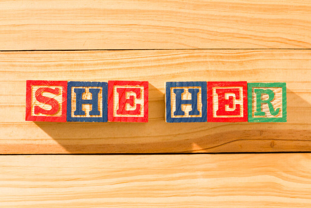 Spectacular wooden cubes with the word SHE HER on a wooden surface. - Photo, Image