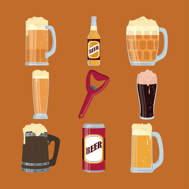 set of bottle opener and beers - Вектор,изображение