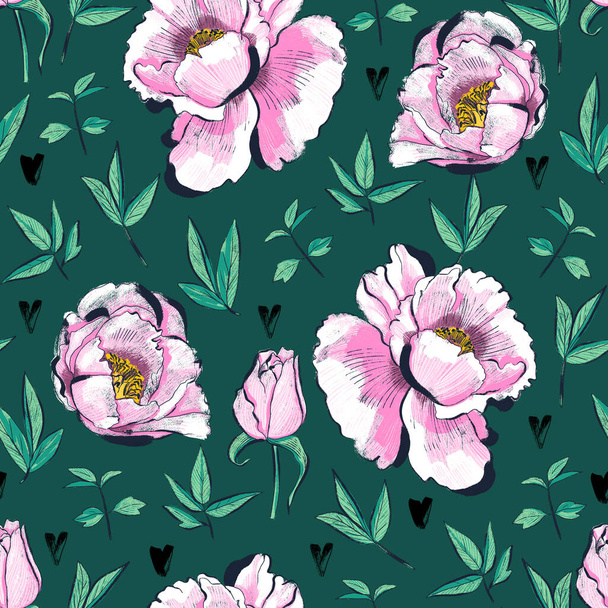 Oppervlakte patroon ontwerp met bloeiende bloemen Naadloze illustratie met pioenen - Foto, afbeelding