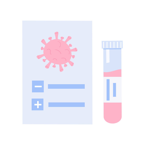 Medisch testresultaat. Covid-19 certificaat met reageerbuis icoon. Coronavirus bacteriën en document met positieve of negatieve checkbox. Vector platte elementen isoleren op witte achtergrond. - Vector, afbeelding