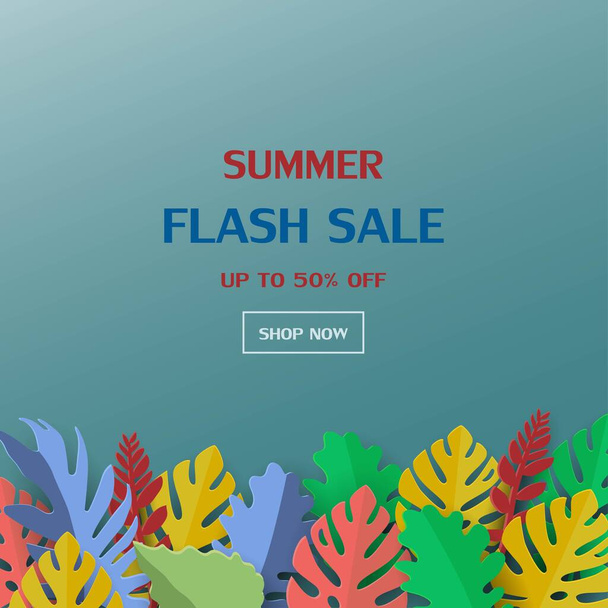 Modello banner vendita estate con foglie tropicali su carta stile arte - Vettoriali, immagini