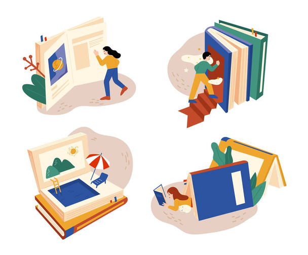 People reading a huge book open. There are many different worlds in the book. flat design style minimal vector illustration. - Vector, Image