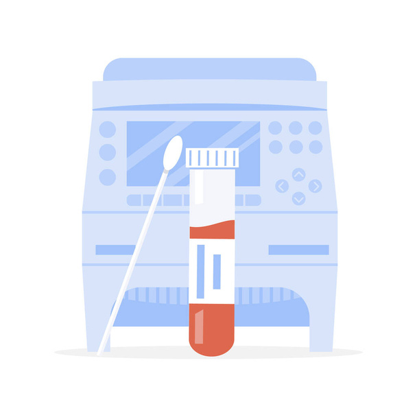 Covid-19 RT PCR machine and testing tube with swab sample or probe with blood. Thermocycler for Coronavirus test. Thermal cycler for polymerase chain reaction. DNA amplifier. Vector illustration. - Vector, Image