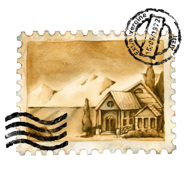 Postage stamp with an imprint of a stamp. Country house in Italy. Watercolor hand drawn illustration isolated on white background. Mail design, postal correspondence, scrapbooking, handmade, postcards - Φωτογραφία, εικόνα