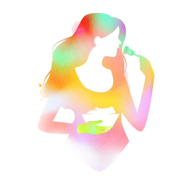 Mujer joven comiendo silueta de comida saludable más pintura acuarela abstracta. Pintura artística digital. Doble exposición. - Foto, Imagen
