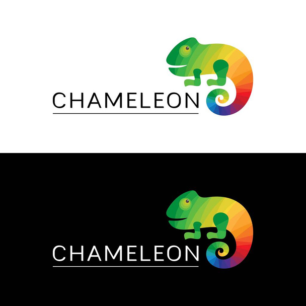Logo monivärinen kameleontti. Kuvake, merkki, tavaramerkki kirkkaalla matelijalla ja sana kameleontti mustavalkoisella taustalla. Vihreä, keltainen, sininen, punainen, oranssi väri. Vektoriesimerkki. - Vektori, kuva