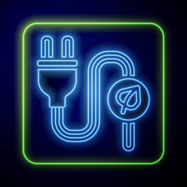 Neon incandescente Spina elettrica a risparmio icona foglia isolata su sfondo blu. Risparmia energia elettrica. Protezione dell'ambiente. Bioenergia. Vettore. - Vettoriali, immagini