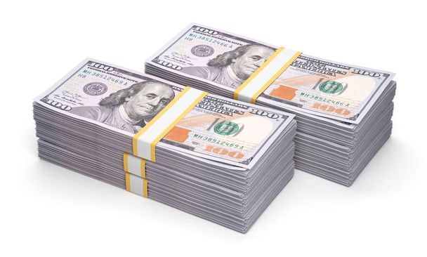 one hundred dollar bundles isolated on white background. 3d illustration - Foto, imagen
