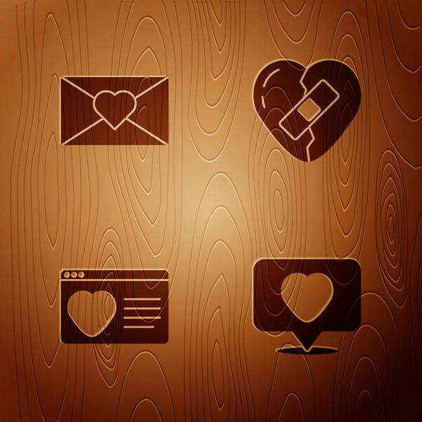 Встановіть, як і серце, конверт з Валентином, додаток знайомств онлайн і зцілення зламані на дерев'яному тлі. Векторні
 - Вектор, зображення