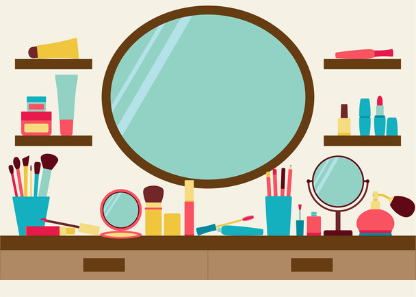 Mirror, shelves and dressing table with make up scattered around - Vector, Image