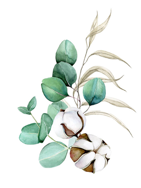 watercolor drawing by hands. a bouquet of cotton flowers, eucalyptus leaves and dried herbs. autumn, winter bouquet, decoration for wedding, greeting card, invitation. clipart isolated on white - Photo, Image
