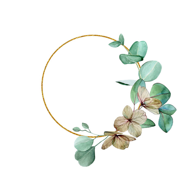 round gold frames with watercolor eucalyptus leaves, cotton flowers. clipart, hand drawing, vintage frames for decorating weddings, cards, invitations, congratulations. - Foto, immagini