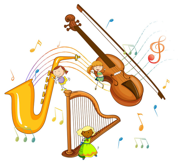 Conjunto de instrumentos musicales con símbolos de melodía ilustración aislada - Vector, Imagen