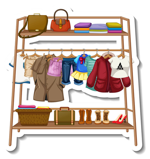 Eine Aufklebervorlage von Kleiderständern mit vielen Kleidungsstücken auf Kleiderbügeln auf weißem Hintergrund - Vektor, Bild
