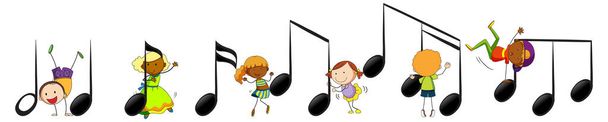 Μουσικά σύμβολα μελωδία με πολλά doodle παιδιά εικονογράφηση χαρακτήρα κινουμένων σχεδίων - Διάνυσμα, εικόνα